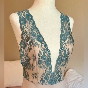 Free People Intimately Lace Trim Bodysuit XS Teal Green Deep V-Neck Sleeveless